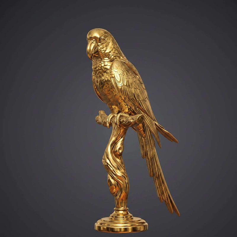 Statuetta pappagallo portafortuna dorato su ramo per arredamento elegante e simbolo di prosperità