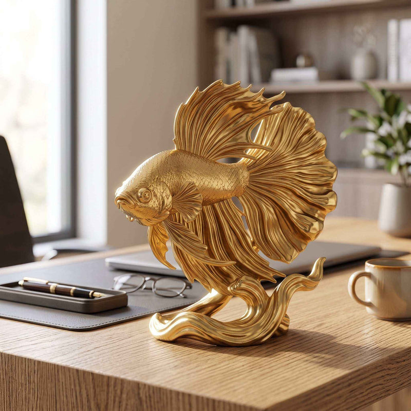 Scultura Pesce Combattente Dorato | Statuetta d'Arredo di Lusso