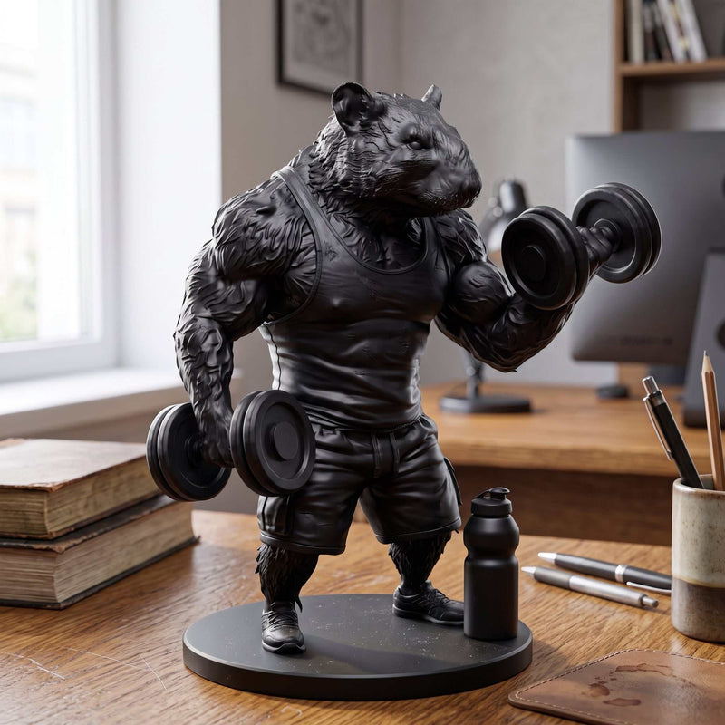 Statua Ratto da Palestra in Resina Nera Opaca – Bodybuilder con Manubri | Scultura Fitness Design per Palestra, Home Gym e Ufficio