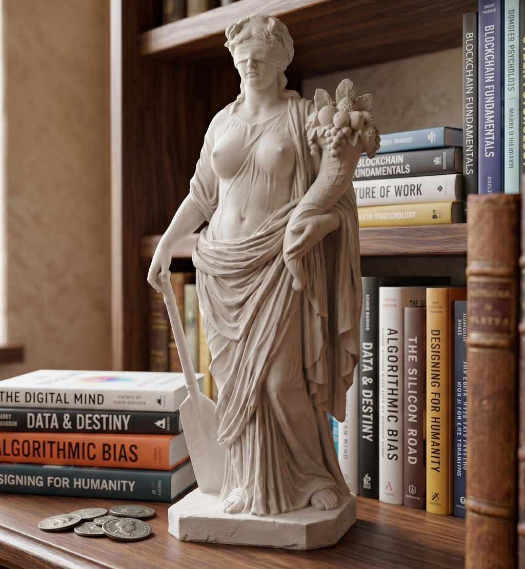 Scultura classica Dea della Fortuna bendata effetto gesso bianco opaco con cornucopia e timone
