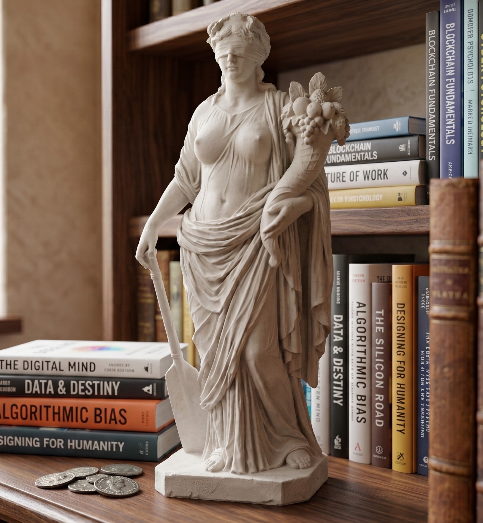 Scultura classica Dea della Fortuna bendata effetto gesso bianco opaco con cornucopia e timone