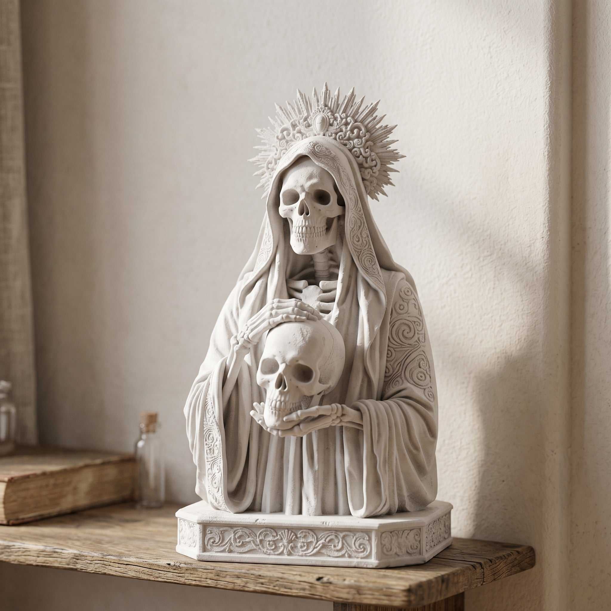 Statua Busto Santa Morte Memento Mori in Resina Effetto Gesso – Scultura Esoterica Gotica Bianca con Teschio e Aureola | Arredo Occulto e Sacro
