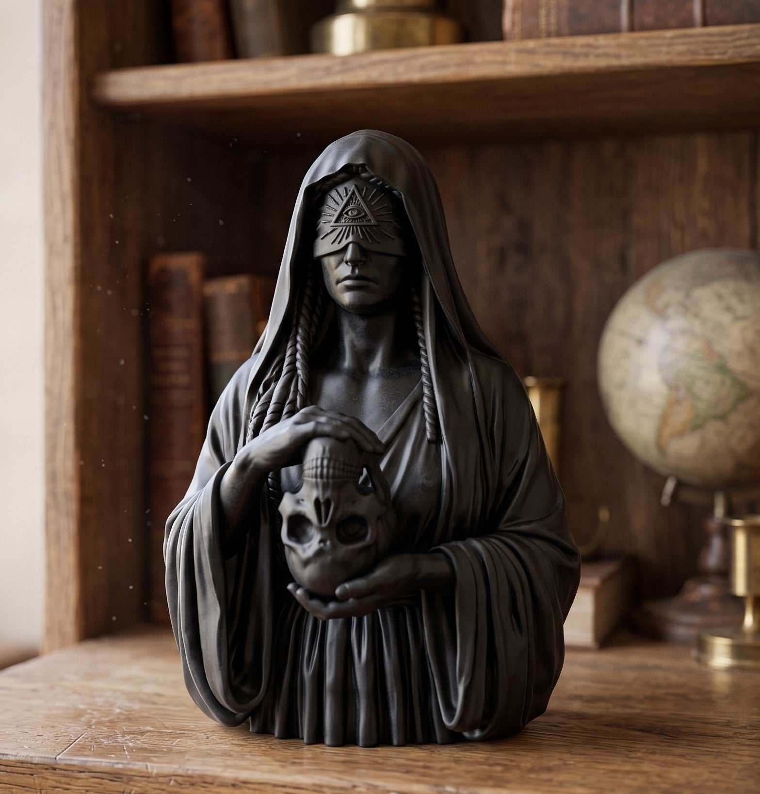 Statua Busto Illuminati Memento Mori in Resina Nera – Scultura Esoterica con Occhio della Provvidenza e Teschio | Arredo Occulto e Dark Academia