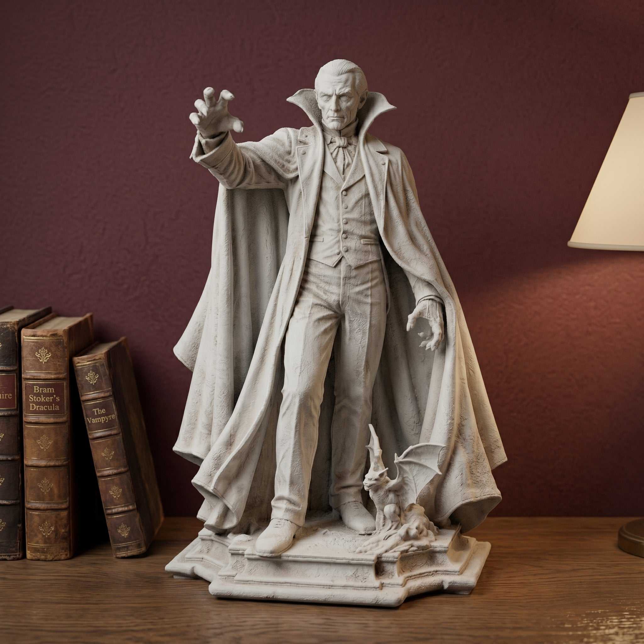 Statua Conte Dracula Vampiro in Resina Effetto Gesso – Scultura Gotica Horror con Mantello e Pipistrello | Arredo Dark Academia