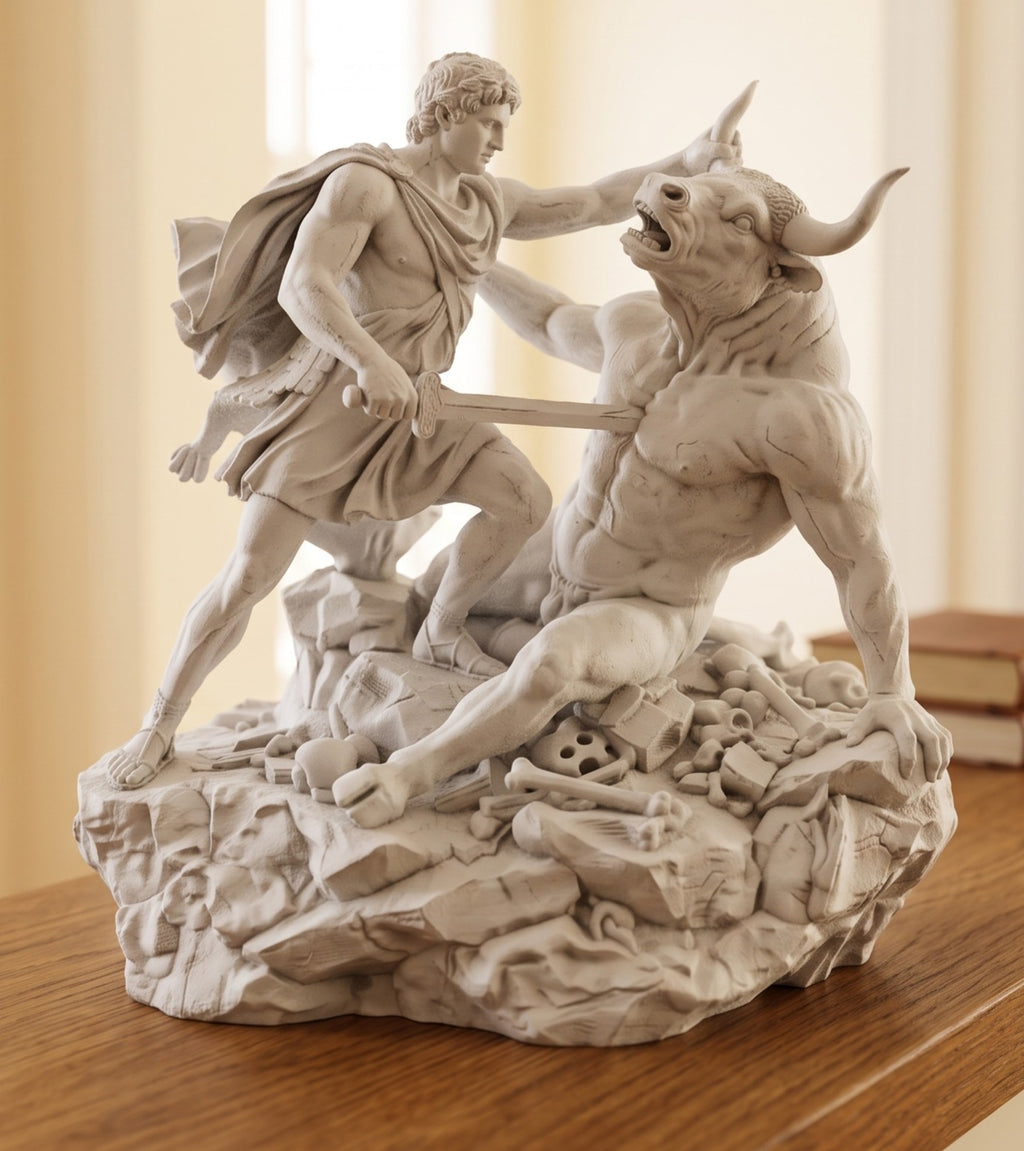 Statuetta Teseo e Minotauro - Scultura Mitologica Greca da Mensola