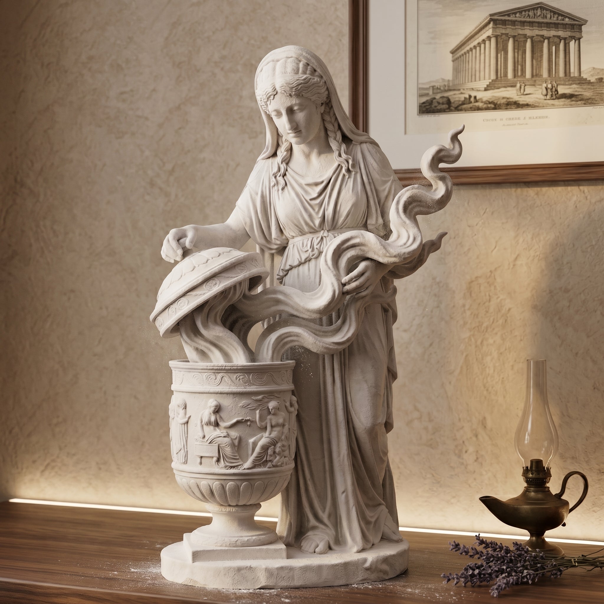 Vaso di Pandora in Resina e Polvere di Marmo – Scultura Mitologica Classica