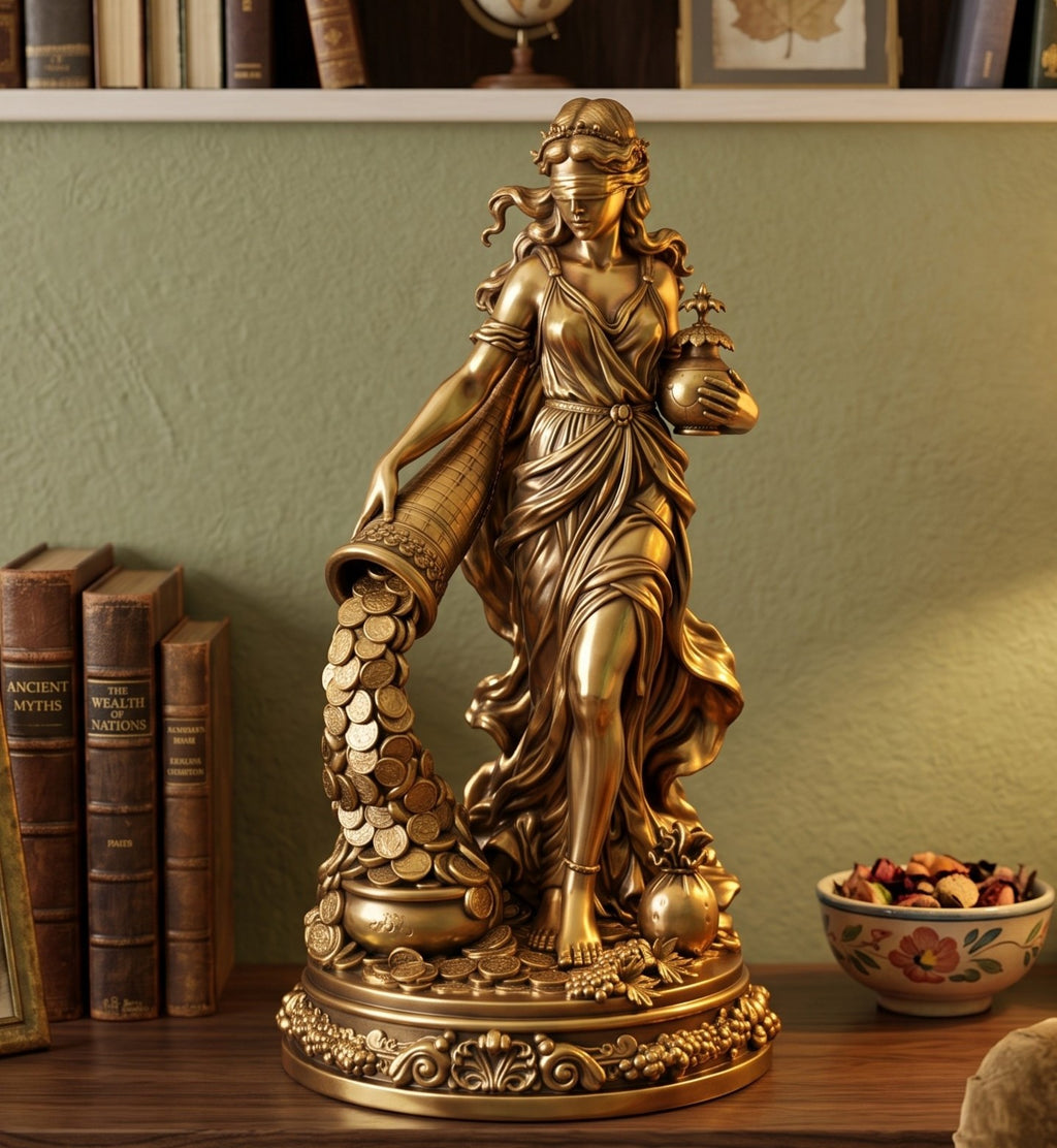 Estátua da Deusa da Fortuna a Despejar Moedas — Escultura em Resina com Efeito Dourado