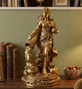 Estátua da Deusa da Fortuna a Despejar Moedas — Escultura em Resina com Efeito Dourado