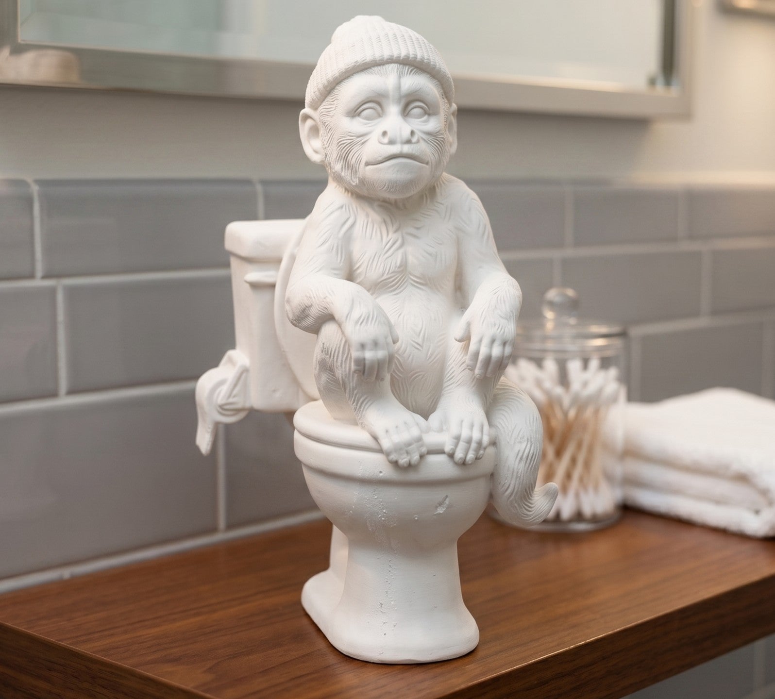 Statue de singe sur les toilettes en résine effet plâtre–Décoration de salle de bain amusante et originale