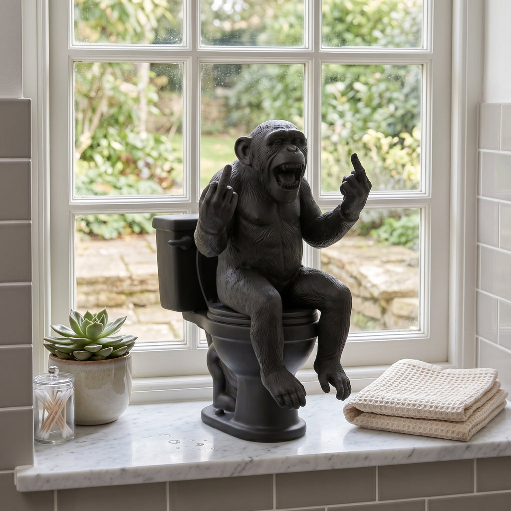 Statua di Scimmia dito medio sul WC in Resina Nera – Decorazione Bagno Ironica e Originale