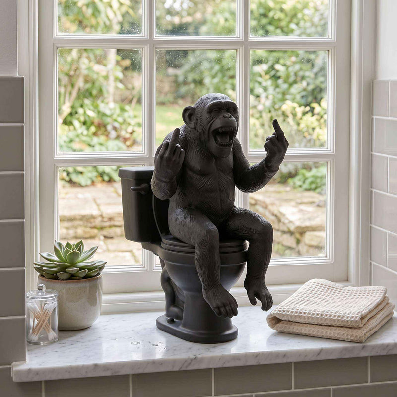 Statua di Scimmia dito medio sul WC in Resina Nera – Decorazione Bagno Ironica e Originale