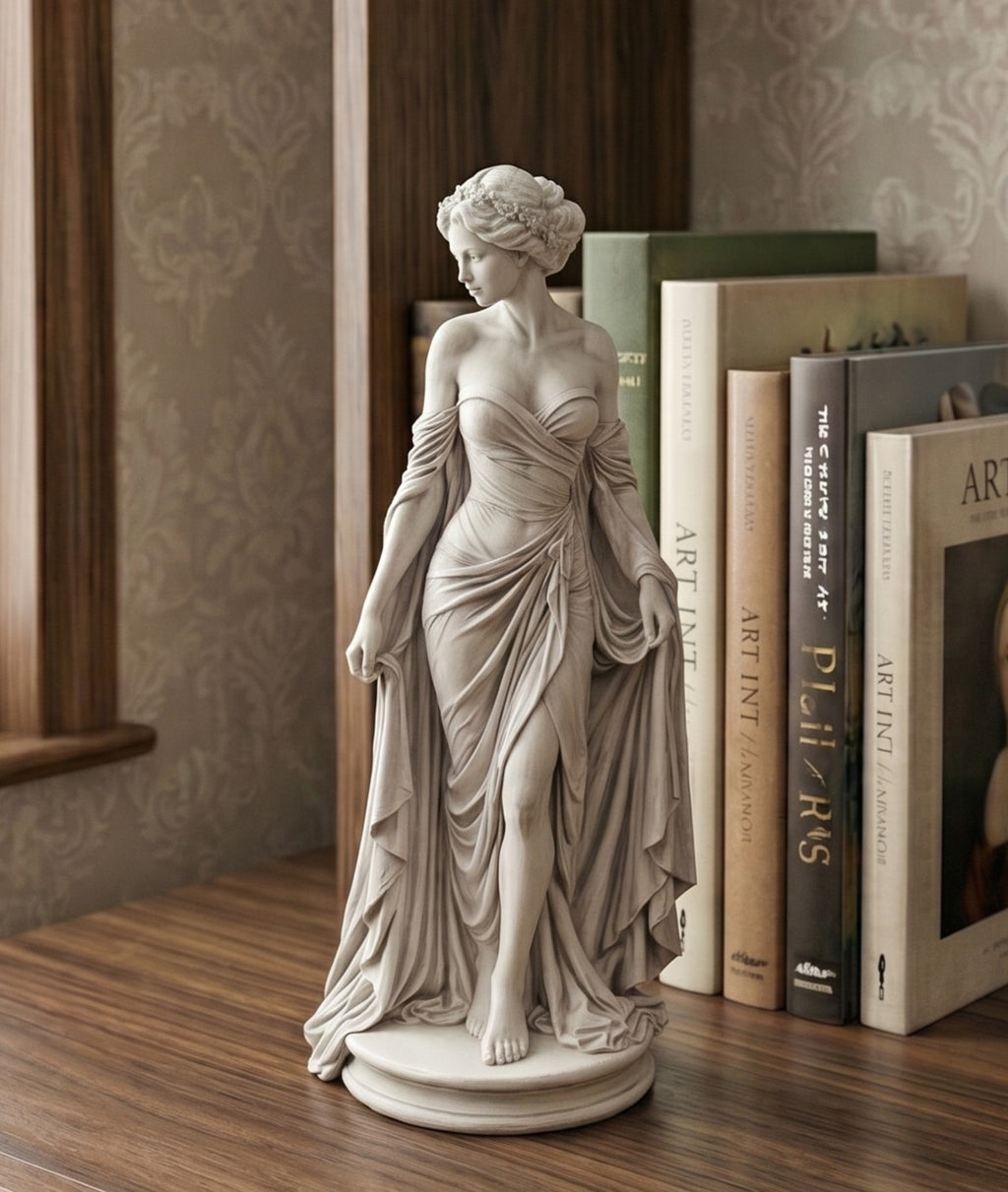 Statuetta "Venere / Dea della Bellezza" in Resina Effetto Gesso Bianco - Scultura Neoclassica d'Arredo con Abito Drappeggiato e Dettagli Finemente Intagliati - Soprammobile Elegante per Casa, Studio e Salotto