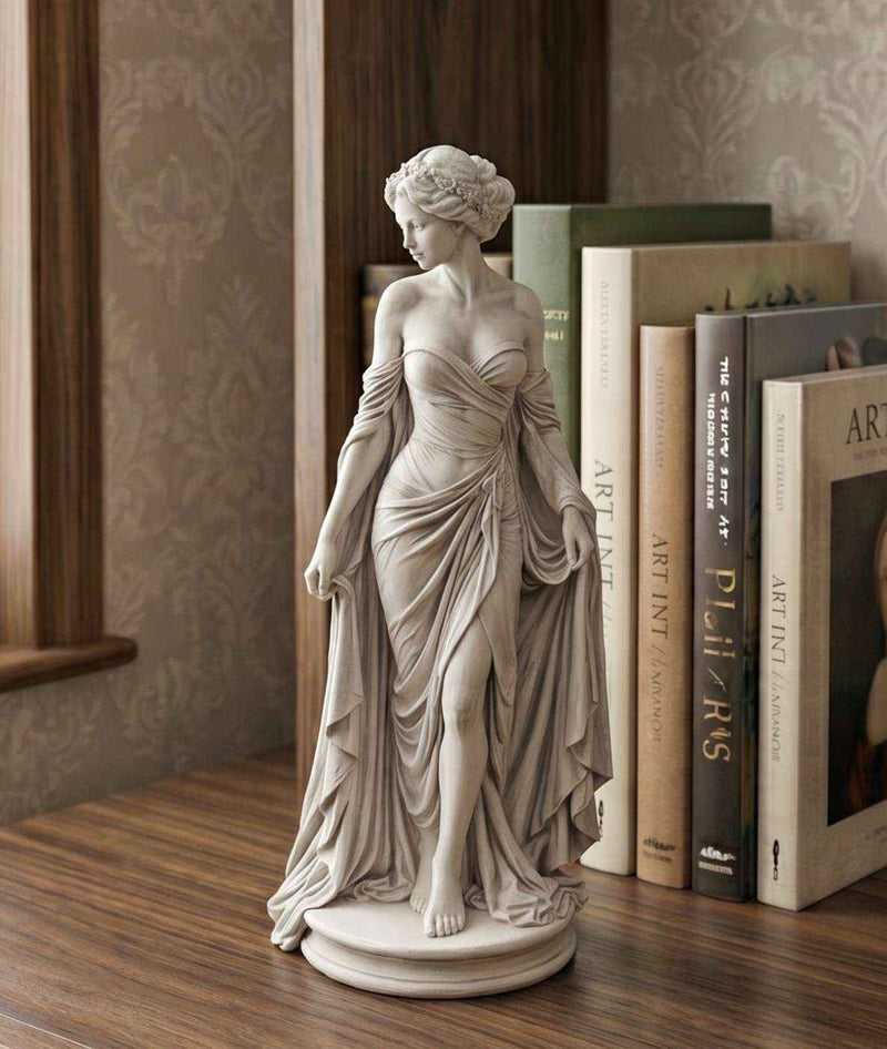 Statuetta "Venere / Dea della Bellezza" in Resina Effetto Gesso Bianco - Scultura Neoclassica d'Arredo con Abito Drappeggiato e Dettagli Finemente Intagliati - Soprammobile Elegante per Casa, Studio e Salotto