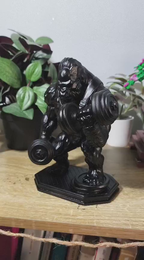 Video: Gorilla «Gains» — Statuetta Fitness in Resina Nera Opaca - Taraflo