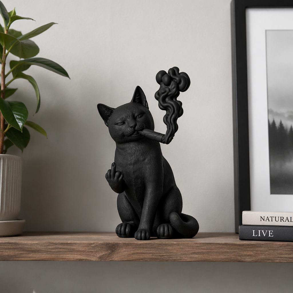 Gatto Nero Ribelle con Sigaro – Scultura Realistica in Resina Nera Opaca