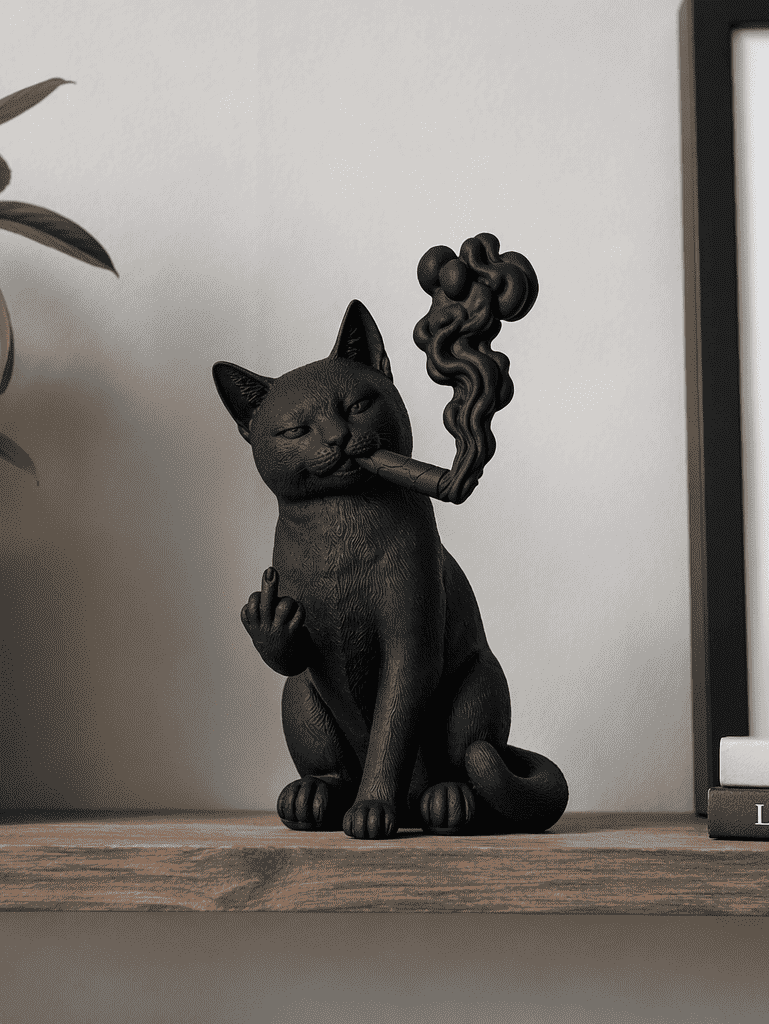 Gatto Nero «Ribelle» con Sigaro — Statuetta da Collezione in Resina Nera Opaca - Taraflo