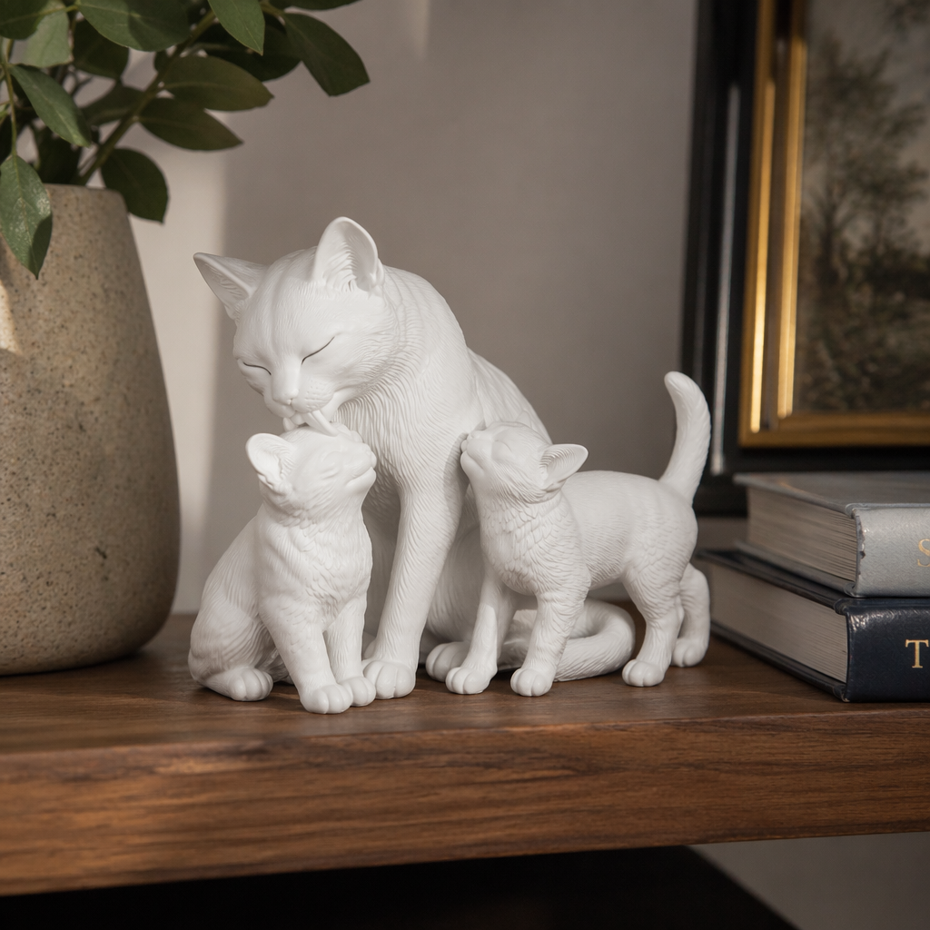 Statuetta Gatto Mamma con Due Gattini in Resina Opaca Bianca –– Simbolo di Amore Incondizionato, Famiglia, Affetto e Protezione – Soprammobile Elegante per Casa, Soggiorno, Camera da Letto, Libreria, Mensola e Ufficio – Idea Regalo per Amanti dei Gatti