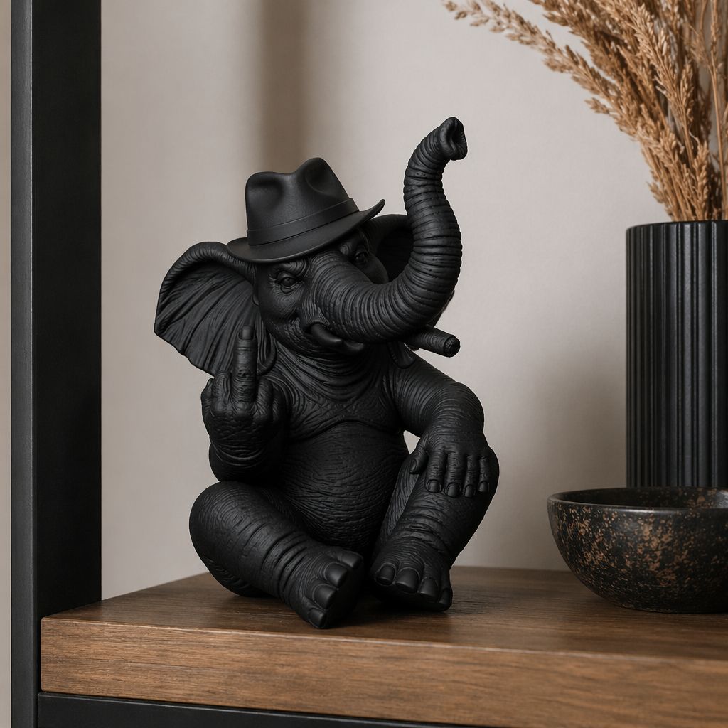 Elefante Mafioso "The Boss" in Resina Nera Opaca – Statuetta Decorativa Irriverente, Design Moderno e Originale per Arredamento Interni