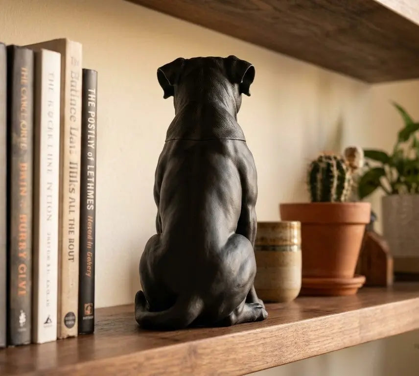 Contenitore Statua Cane Corso Nero, Barattolo Design Moderno con CoperAggiungi un tocco di eleganza misteriosa e funzionalità al tuo spazio con questo esclusivo contenitore ispirato alla potenza del Cane Corso. Perfetto come portaoggetTarafloTarafloUrna per animali - Contenitore Statua Cane Corso