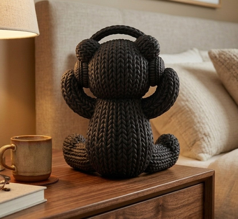 Statuetta Orsetto "Tech-Cozy" con Cuffie - Decorazione Design Effetto Maglia Taraflo