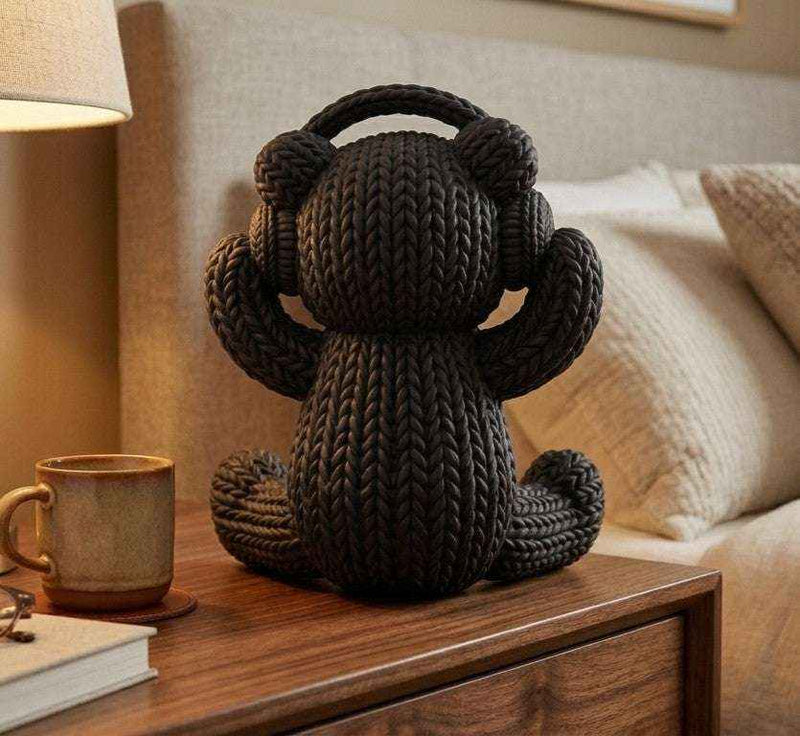 Orsetto «Tech-Cozy» con Cuffie — Statuetta in Resina Nera Opaca (Effetto Maglia) - Taraflo