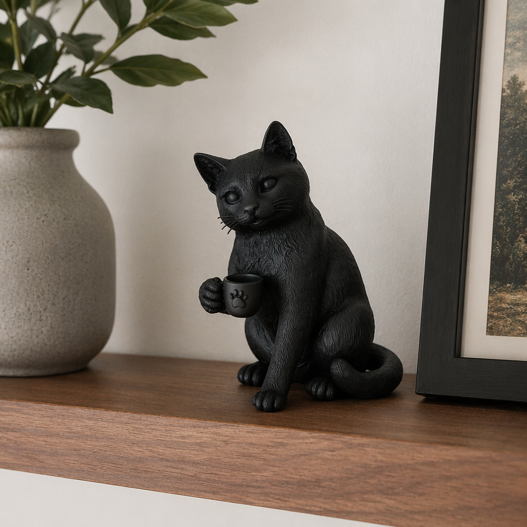 Gatto Nero con Tazzina in Resina Opaca – Statua Realistica Design Moderno | Decorazione Casa, Coffee Lover, Idea Regalo Unica
