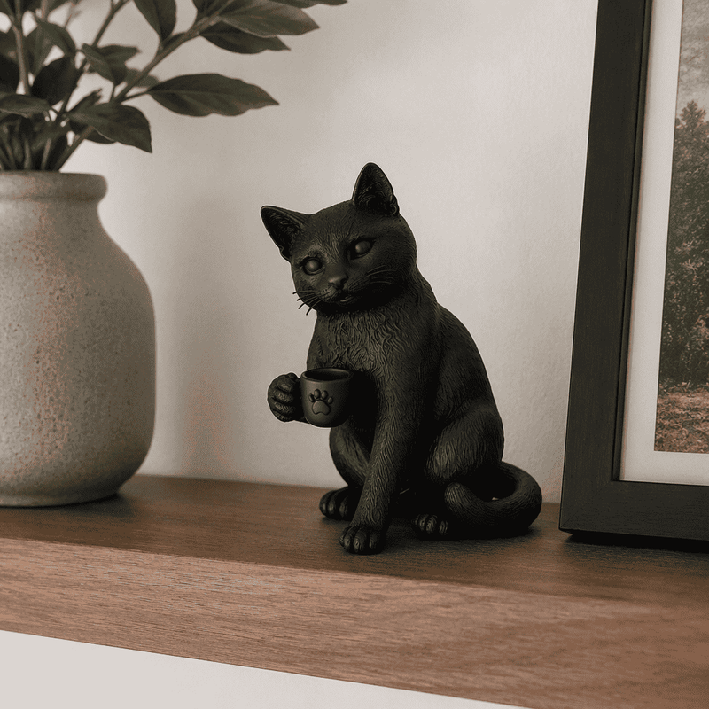 Gatto Nero con Tazzina — Statuetta da Collezione in Resina Nera Opaca - Taraflo