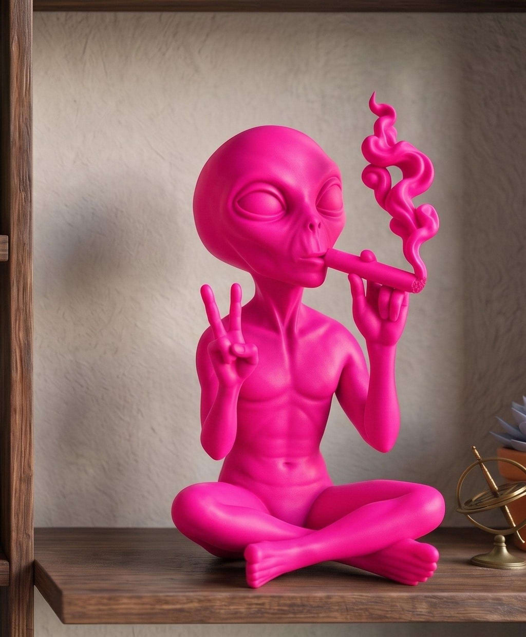 Statua Alieno Rosa in Resina con Sigaro e Segno di Pace — immagine 2