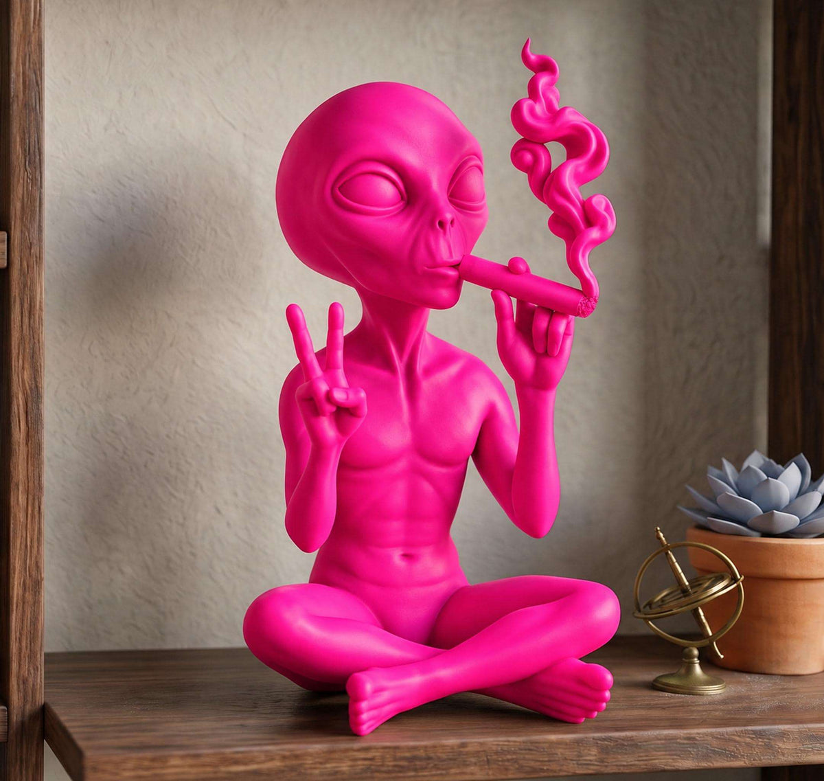 Statua Alieno Rosa in Resina con Sigaro e Segno di Pace — immagine 4
