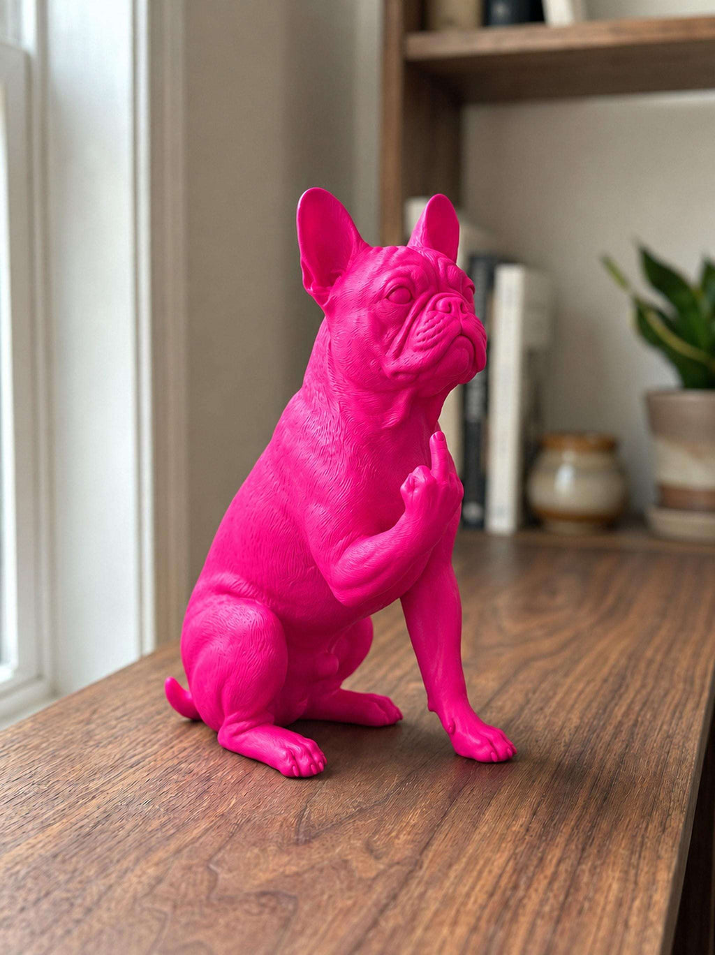 Statua Bulldog Francese Rosa in Resina con Dito Medio