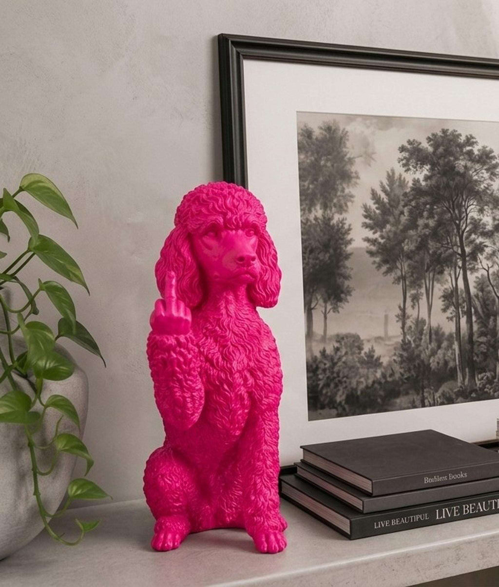 Statua Cane Barboncino Rosa in Resina con Dito Medio — immagine 4