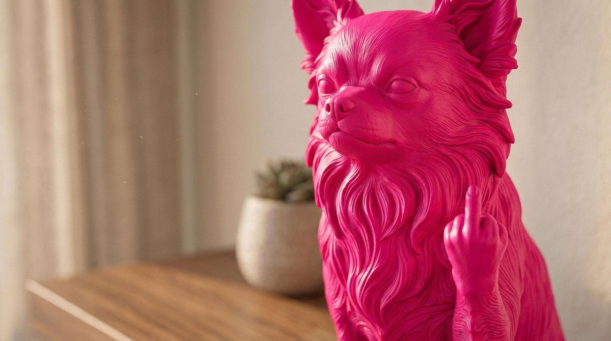 Statua Cane Chihuahua Rosa in Resina con Dito Medio — immagine 4
