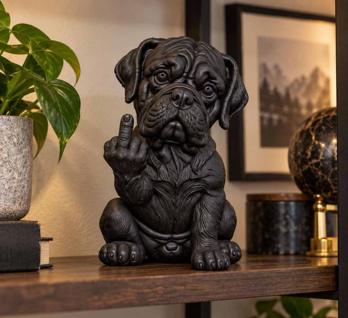 Statua Cane Corso Cucciolo Nero in Resina con Dito Medio