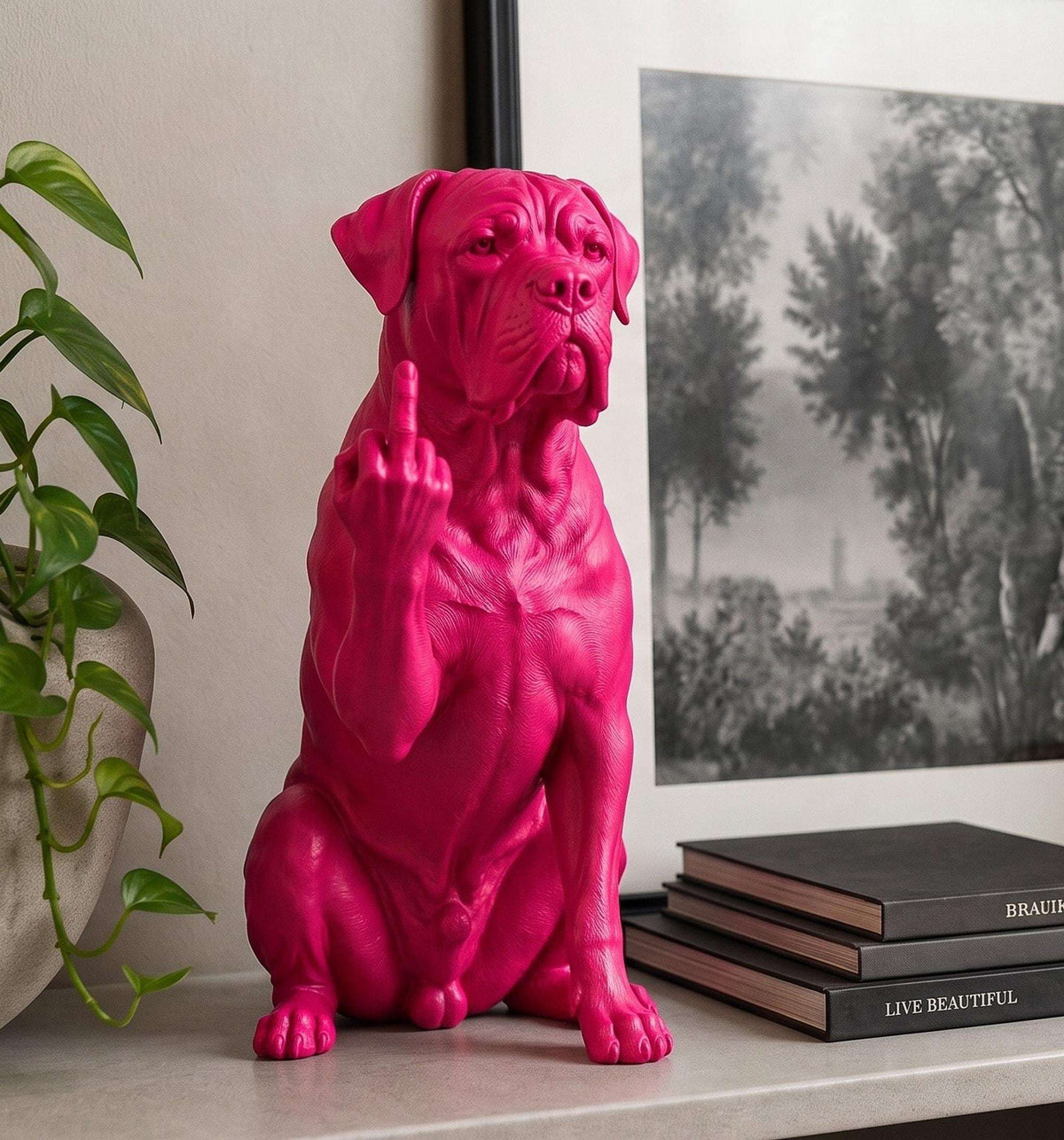 Statua Cane Corso Rosa in Resina con Dito Medio — immagine 4