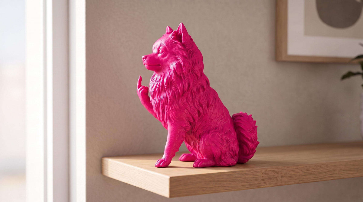 Statua Cane Volpino di Pomerania Rosa con Dito Medio — immagine 2