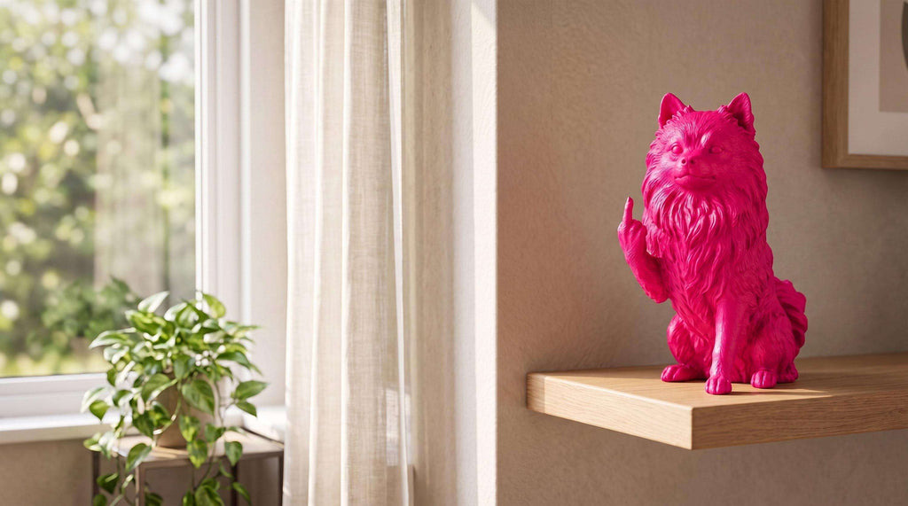 Statua Cane Volpino di Pomerania Rosa con Dito Medio — immagine 5