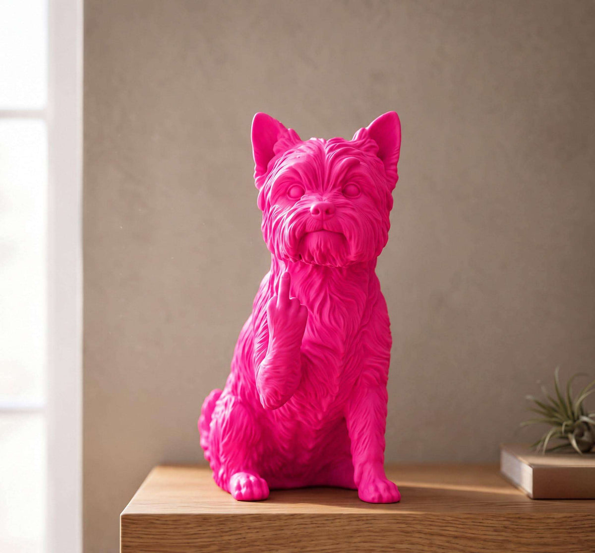 Statua Cane Yorkshire Terrier Rosa in Resina con Dito Medio