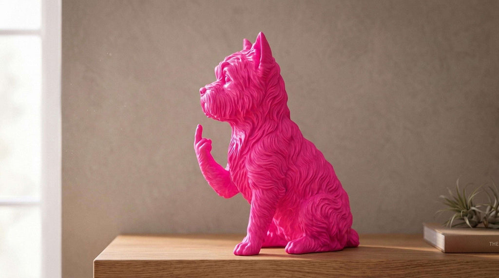 Statua Cane Yorkshire Terrier Rosa in Resina con Dito Medio — immagine 4