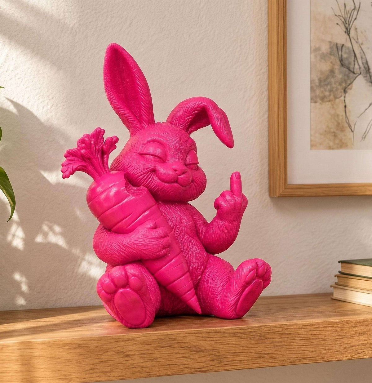 Statua Coniglio Rosa in Resina con Carota e Dito Alzato