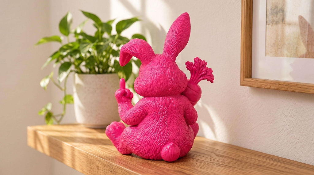 Statua Coniglio Rosa in Resina con Carota e Dito Alzato — immagine 2