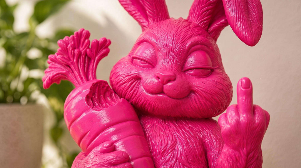 Statua Coniglio Rosa in Resina con Carota e Dito Alzato — immagine 3