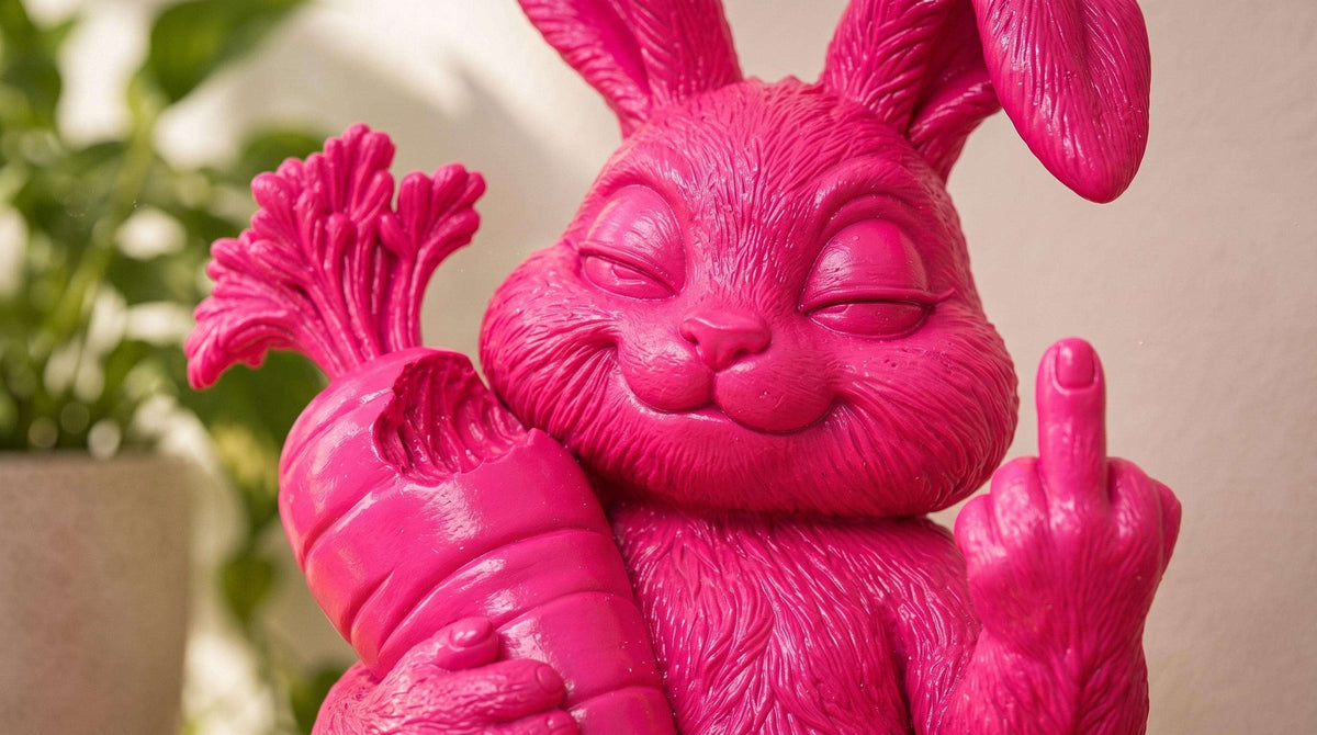 Statua Coniglio Rosa in Resina con Carota e Dito Alzato — immagine 3