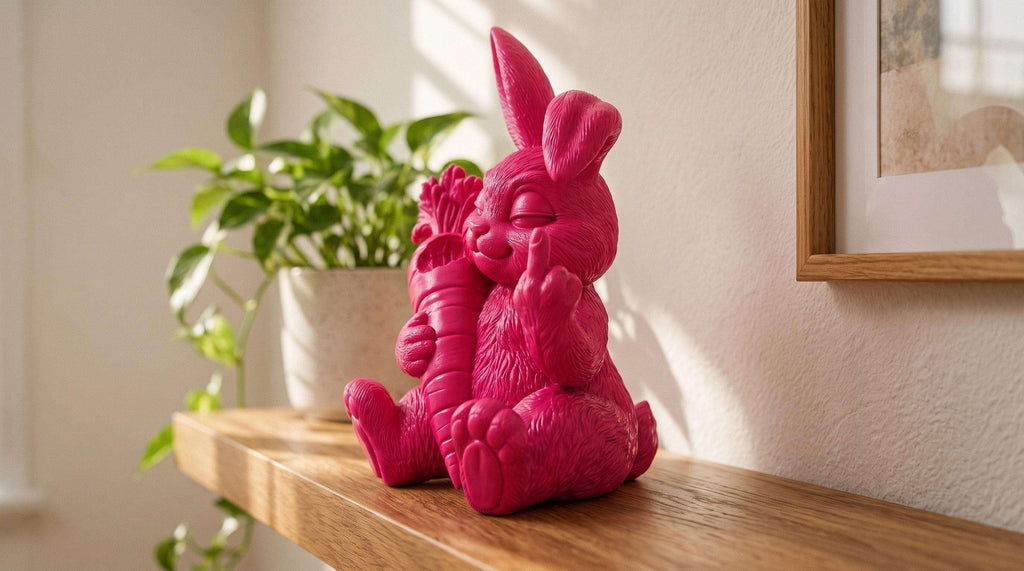 Statua Coniglio Rosa in Resina con Carota e Dito Alzato — immagine 4