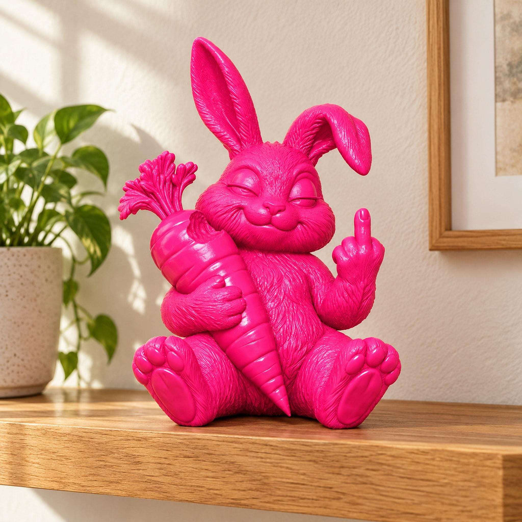 Statua Coniglio Rosa in Resina con Carota e Dito Alzato — immagine 5