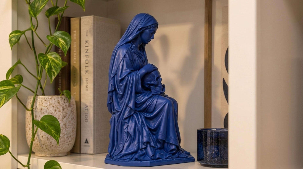 Statua Memento Mori Blu Zaffiro, Donna Velata con Teschio — immagine 5