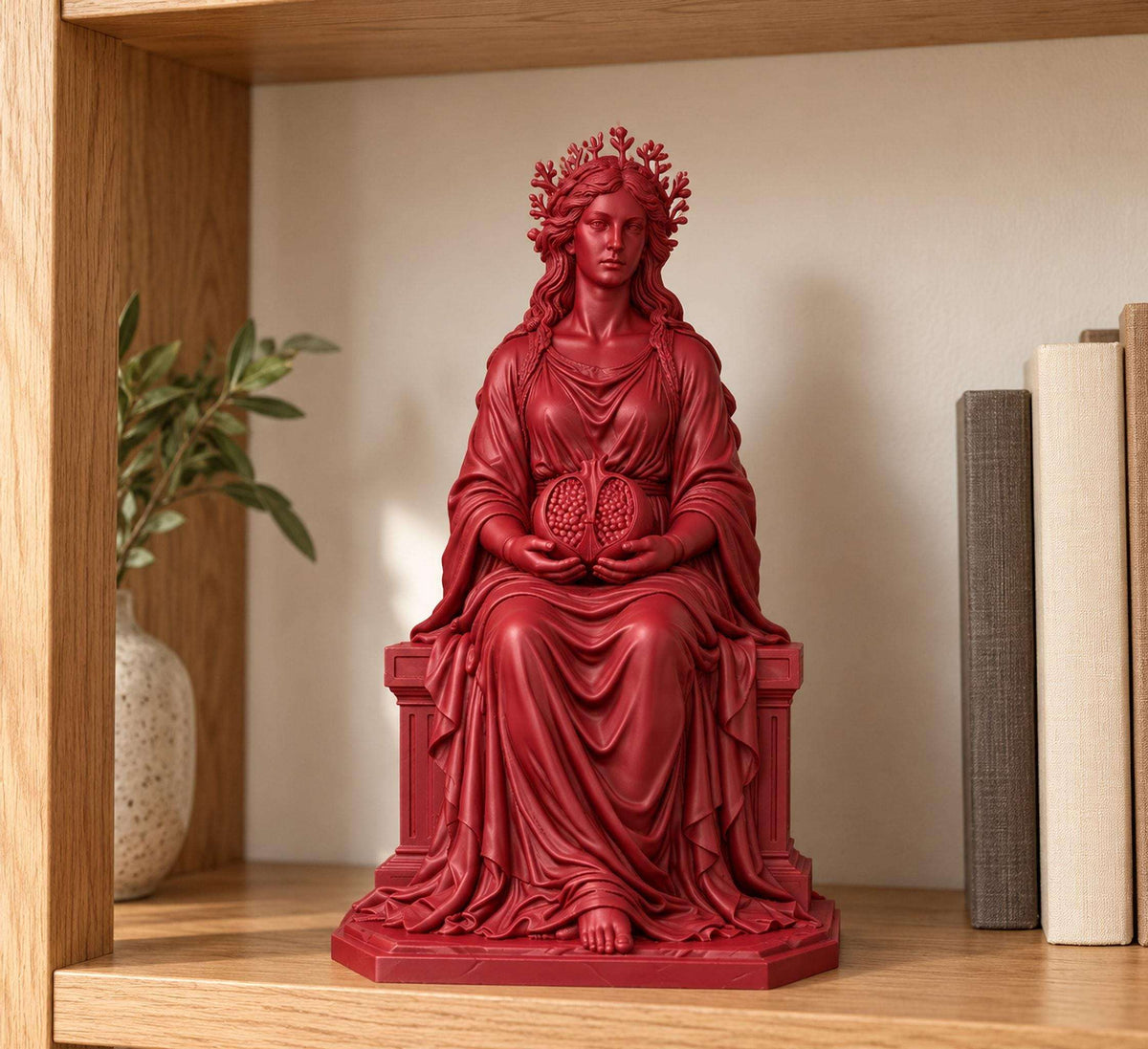 Statua Persefone Rossa in Resina con Melograno e Trono