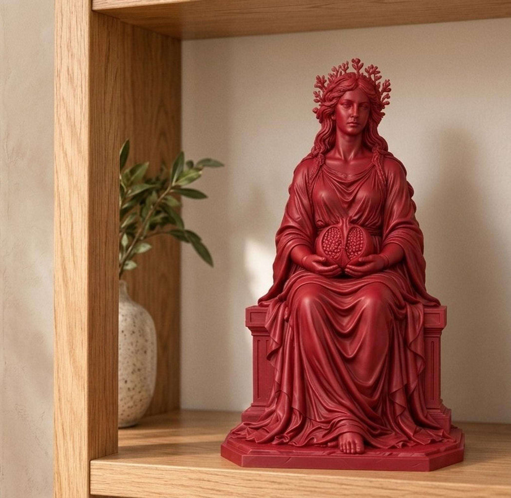 Statua Persefone Rossa in Resina con Melograno e Trono — immagine 3