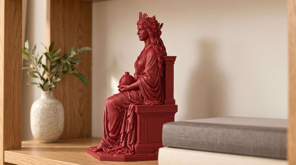 Statua Persefone Rossa in Resina con Melograno e Trono — immagine 4