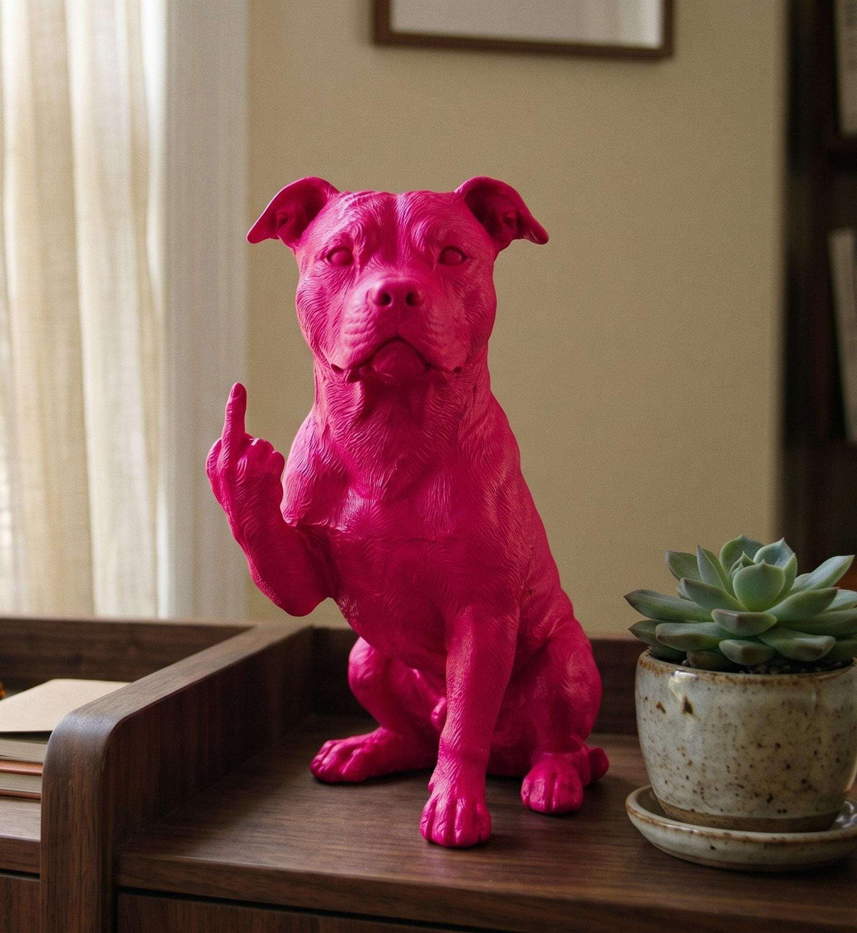 Statua Pitbull Rosa Candy in Resina con Dito Medio — immagine 3