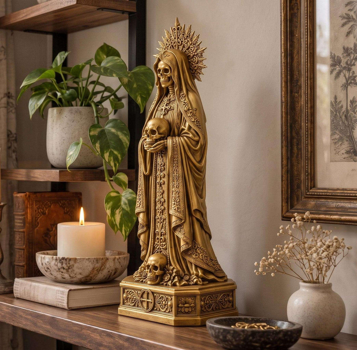 Statua Santa con Due Teschi Dorata in Resina Gotica — immagine 2